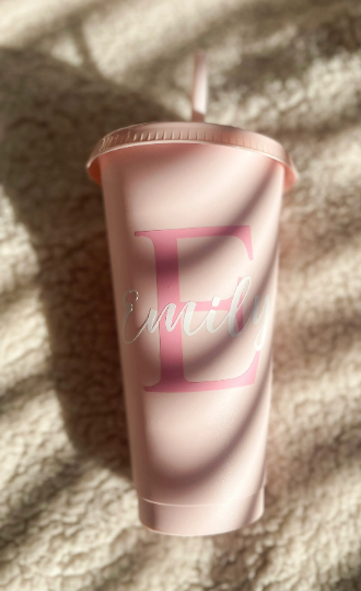 24oz Personalised Reusable Cold Coffee Cup with Name - Custom Tumbler with Lid and Straw