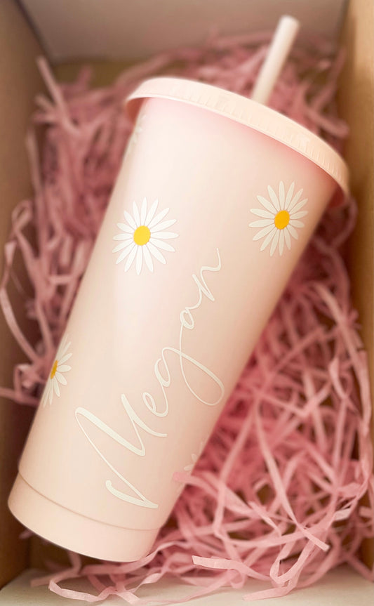 24oz Reusable Cold Coffee Cup with Daisy Design - Personalised Floral Tumbler with Lid and Straw
