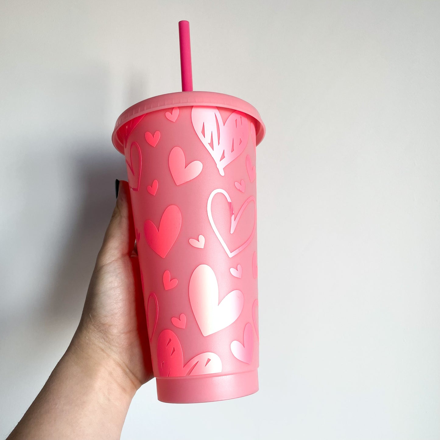 24oz Reusable Cold Coffee Cup with Hearts Design - Tumbler with Lid and Straw
